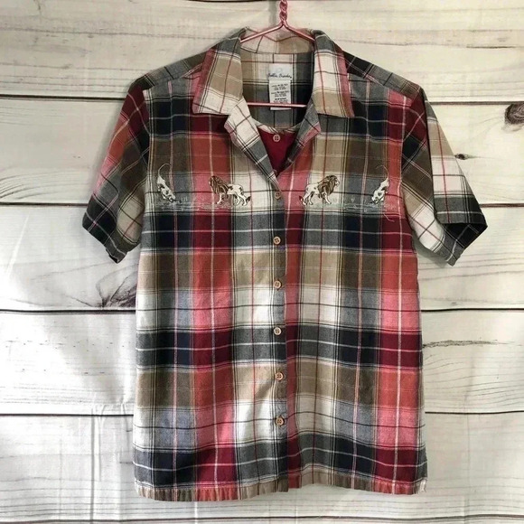 Bobbie Brooks Plaid Button Down Blouse Sh Sleeve M - Picture 2 of 8